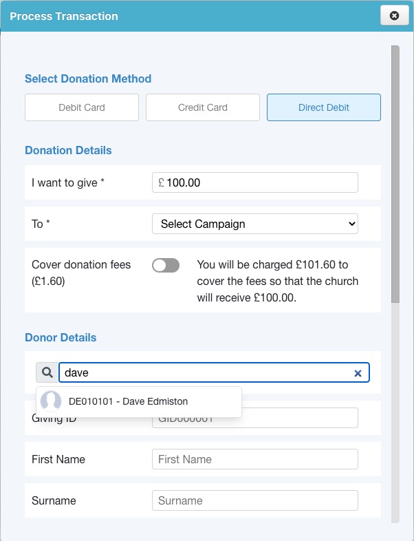 Selecting a donor when adding a transaction