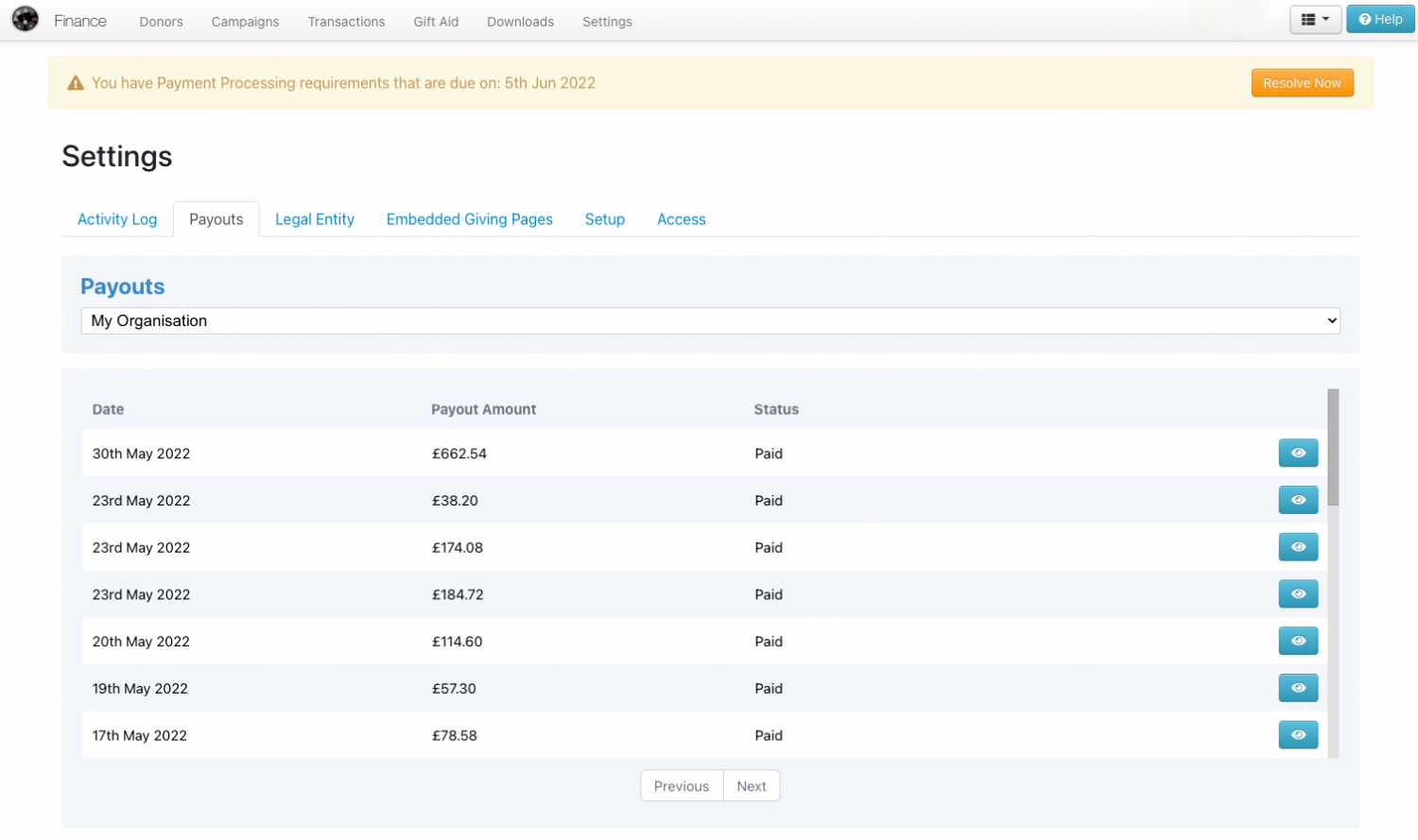 Charity Payouts